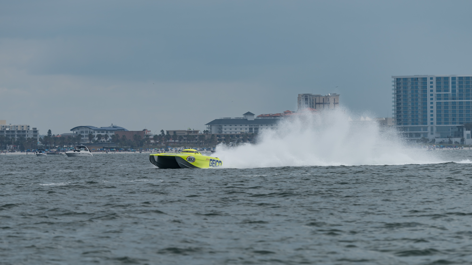 Miss Geico practice run with massive spray